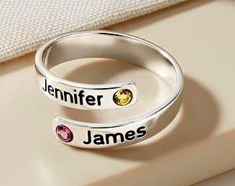 Engraved Wrap Ring for Mom with Kids Names & Birthstones