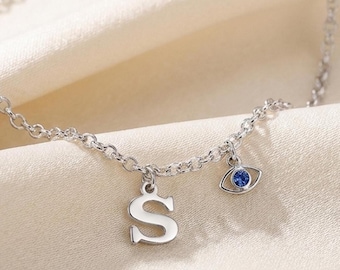 Evil Eye Initial Anklet, Sterling Silver
