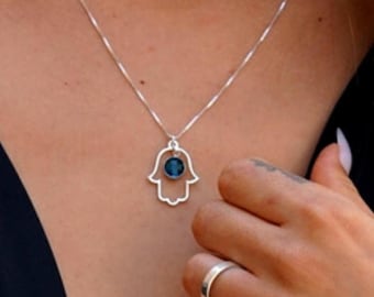 Collier Hamsa avec pierre de naissance en argent sterling 925 - Bijoux mauvais œil - Cadeau de protection pour elle