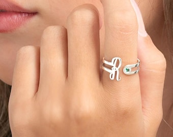 Birthstone Initial Ring Sterling Silver