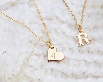14K Gold Tiny Heart Initial Necklace