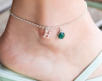 Sterling Silver Birthstone Ankle Bracelet, Personalized Initial Anklet