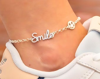 Personalized Smiley Name Anklet, Sterling Silver Rolo Chain