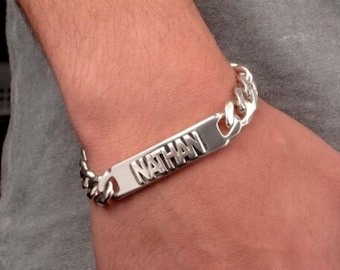 Custom Cuban Bracelet, Chunky Name over Bar Pendant