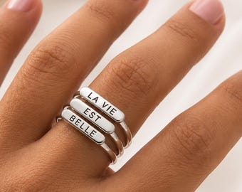 Personalized Bar Ring, Sterling Silver  Stackable Engraved Ring