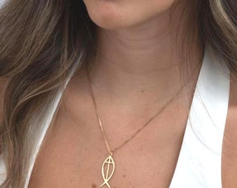 Cross Fish Ichthus Necklace, Sterling Silver