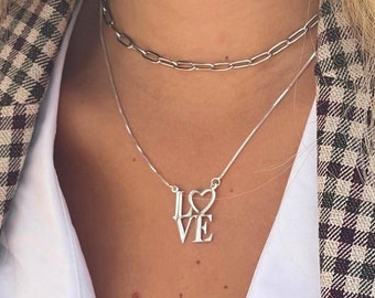 L O V E Letters Heart Necklace - 925 Sterling Silver, 24K Gold Plated - Handmade Jewelry - Love Gift for Mom