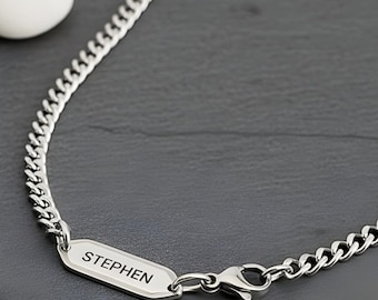 Personalized Cuban Link Necklace for Men, Custom Engraved Name Tag