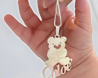 Custom Teddy Bear Necklace Sterling Silver Name