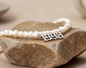 Birth Year Pearl Choker Necklace, Sterling Silver Old English Number Pendant