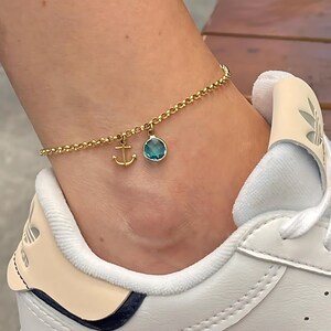 Sterling Silver Birthstone Anchor Anklet: Custom Charm Ankle Bracelet