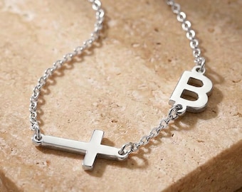 Sideways Cross Initial Necklace, Sterling Silver