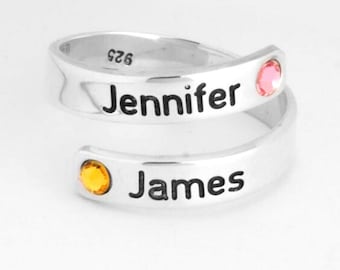 Silver Wrap Ring with Names and Birthstones