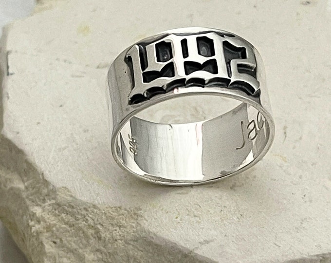 Sterling Silver Gothic Ring, Old English Font, Personalized Biker Jewelry