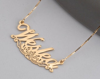 Unique Name Necklace with Decorate Underline - 925 Sterling Silver, 24K Gold Plated - Handmade Jewelry - Valentines Day Gift for Her
