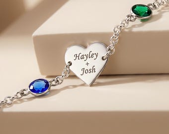 Custom Heart Anklet, Personalized Names & Birthstones, Sterling Silver