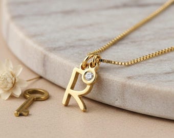 Minimalist Birthstone Initial Charm Necklace