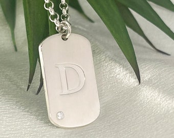 Custom Dog Tag Necklace with Birthstone - CZ with Engraved Letter Pendant - Stylish Gift for Him or Her