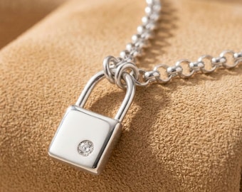 Birthstone Padlock Necklace with Initial, Sterling Silver 925