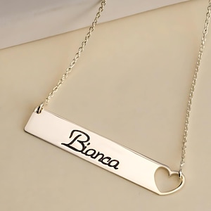 Custom Engraved Heart Bar Necklace Sterling Silver - Horizontal Name Pendant - Personalized Jewelry - Unique Gift for Her