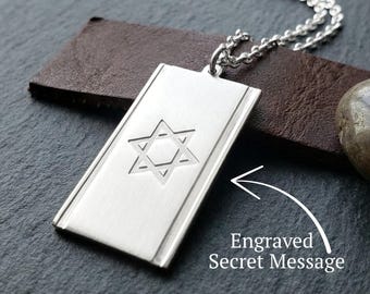 Personalized Israel Flag Necklace, Sterling Silver Engraved Dog Tag Pendant