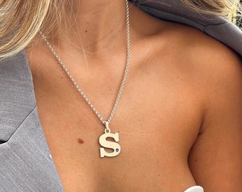 925 Sterling Silver Chunky Initial Necklace with Birthstone-Rolo Chain Necklace for Women-Large Letter Pendant Charm Necklace with Initials