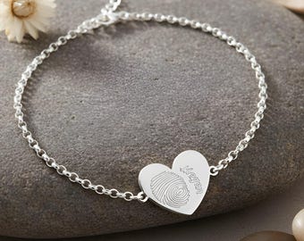Sterling Silver Fingerprint Heart Name Bracelet