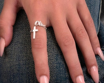 Custom Name Cross Ring Sterling Silver