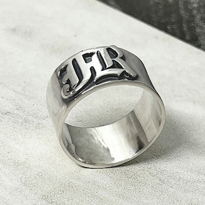 Old English Name Ring 925 Sterling Silver - Personalized Mens Jewelry - Custom Engraving 12mm Wide Band - Best Gift for Him