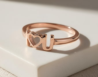Two Initials Heart Ring for Couple, Sterling Silver