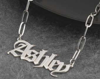 Large Sterling Silver Gothic Name Necklace - Custom Old English Name Plate Pendant - Unique Xmas Gift Idea