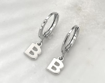Initial Drop Earrings Sterling Silver 925 - Dangle Hoop Letter Earring - Handmade Jewelry - Custom Jewelry Gift for Her