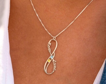 Infinity Necklace with Two Names & Birthstones Sterling Silver