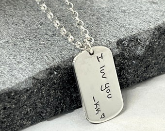 Sterling Silver Dog Tag Necklace, Personalized Handwriting - Custom Jewelry - Unisex Gift