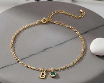 Birthstone Initial Anklet, Sterling Silver Rolo Chain