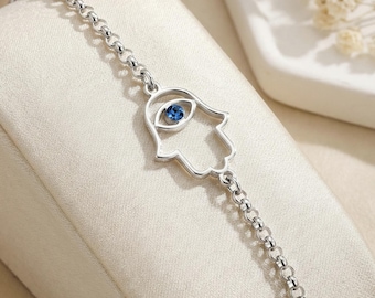 Sterling Silver Hamsa Bracelet, Evil Eye Pendant with Birthstone