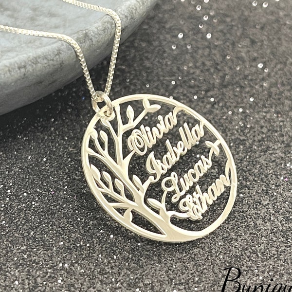 Tree of Life Necklace for Mom with Kids Names - Sterling Silver Family Tree - Name Jewelry - Mothers Gift for Christmas - Grandma Necklace