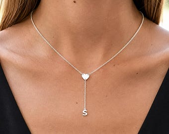 Heart Initial Y Necklace, Sterling Silver Personalized Lariat Necklace