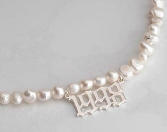 Freshwater Pearl Choker Necklace with Sterling Silver Number Pendant in Old English Font