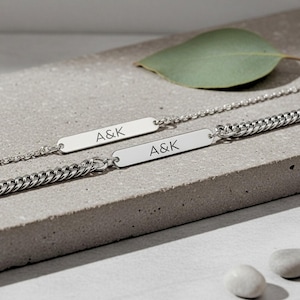 Personalized Matching Couple Bar Bracelets - Custom Engraved Sterling Silver Stainless Steel Set