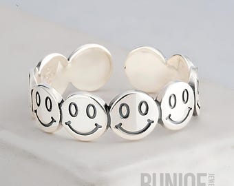 Sterling Silver Smiley Face Ring Adjustable  - 80s Style Band