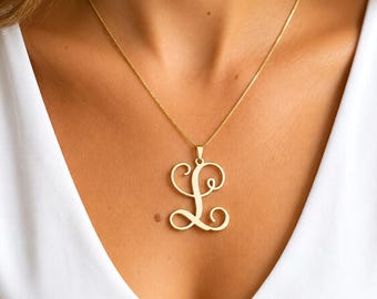 Large Initial Necklace, Sterling Silver Script Letter Pendant