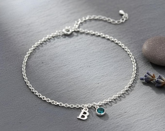 Birthstone Initial Anklet, Sterling Silver Rolo Chain