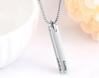 Custom Engraved 3D Bar Pendant Necklace - Moms Kids Name Jewelry - Personalized Family Gift for Mothers Day