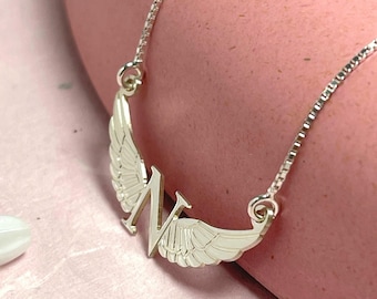 Angel Wings Necklace - Sterling Silver Initial Pendant - Guardian Angel Gift for Women - Handmade Jewelry - Personalized Christmas Gift Idea