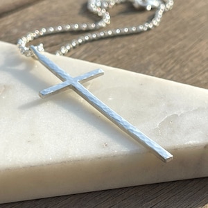 Hammered Sterling Silver Cross Pendant Necklace: Chunky Rolo Chain