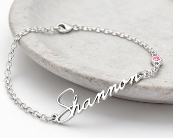 Name Bracelet with Birthstone, Sterling Silver