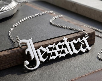 Old English Name Necklace, Gothic Nameplate, Sterling Silver - Chunky Rolo Chain
