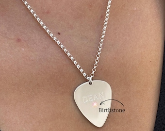 Engraved Guitar Pick Birthstone Necklace
