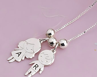 Mom Necklace with Boy and Girl Charms